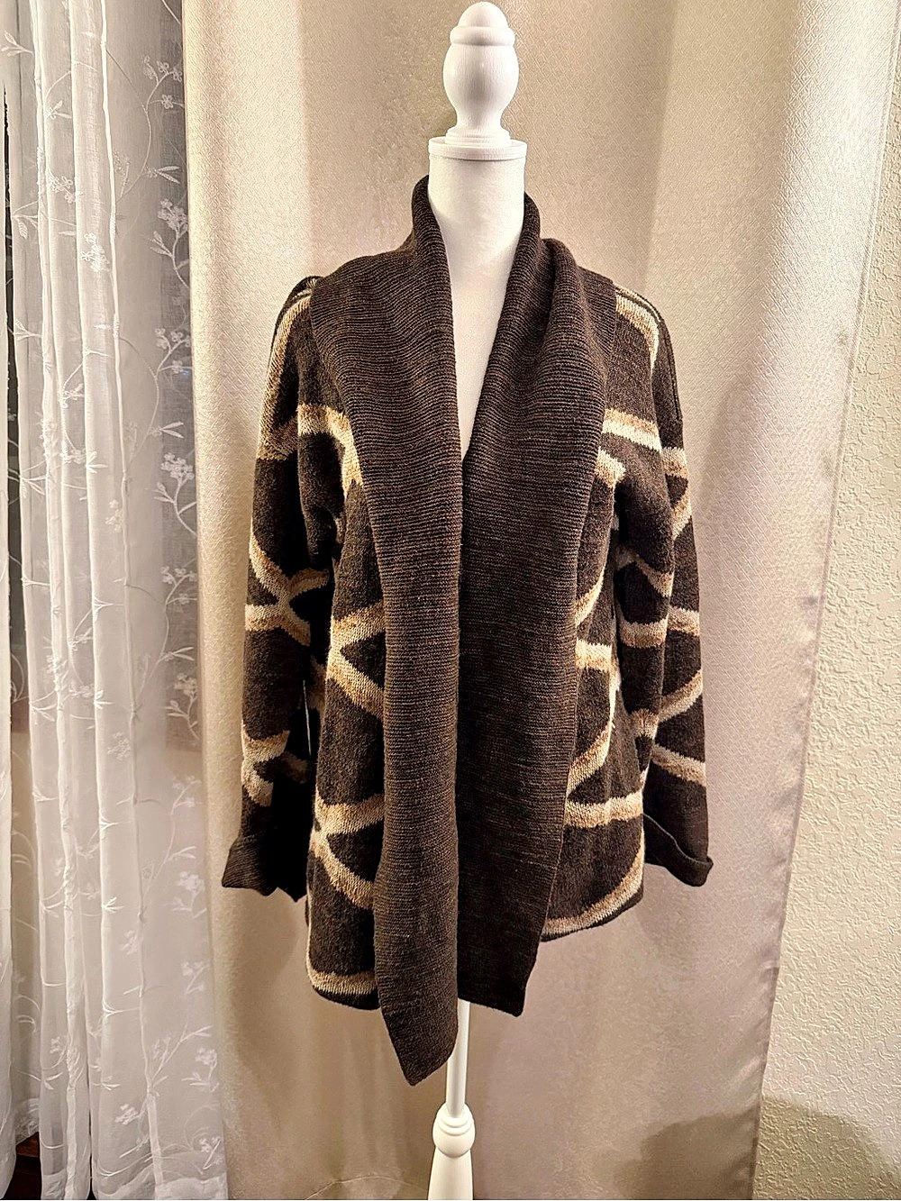 Ralph Lauren Women's Geometric Open Front Cardigan in Brown & Cream Like